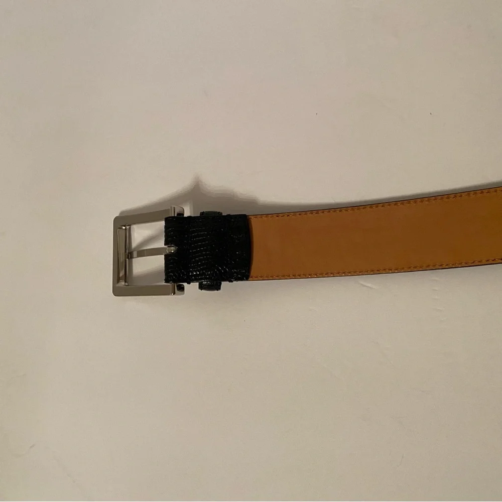 SAKS FIFTH AVENUE BELT HANDMADE ITALY BLACK LEATHER TEXTURED SILVER BUCKLE 38